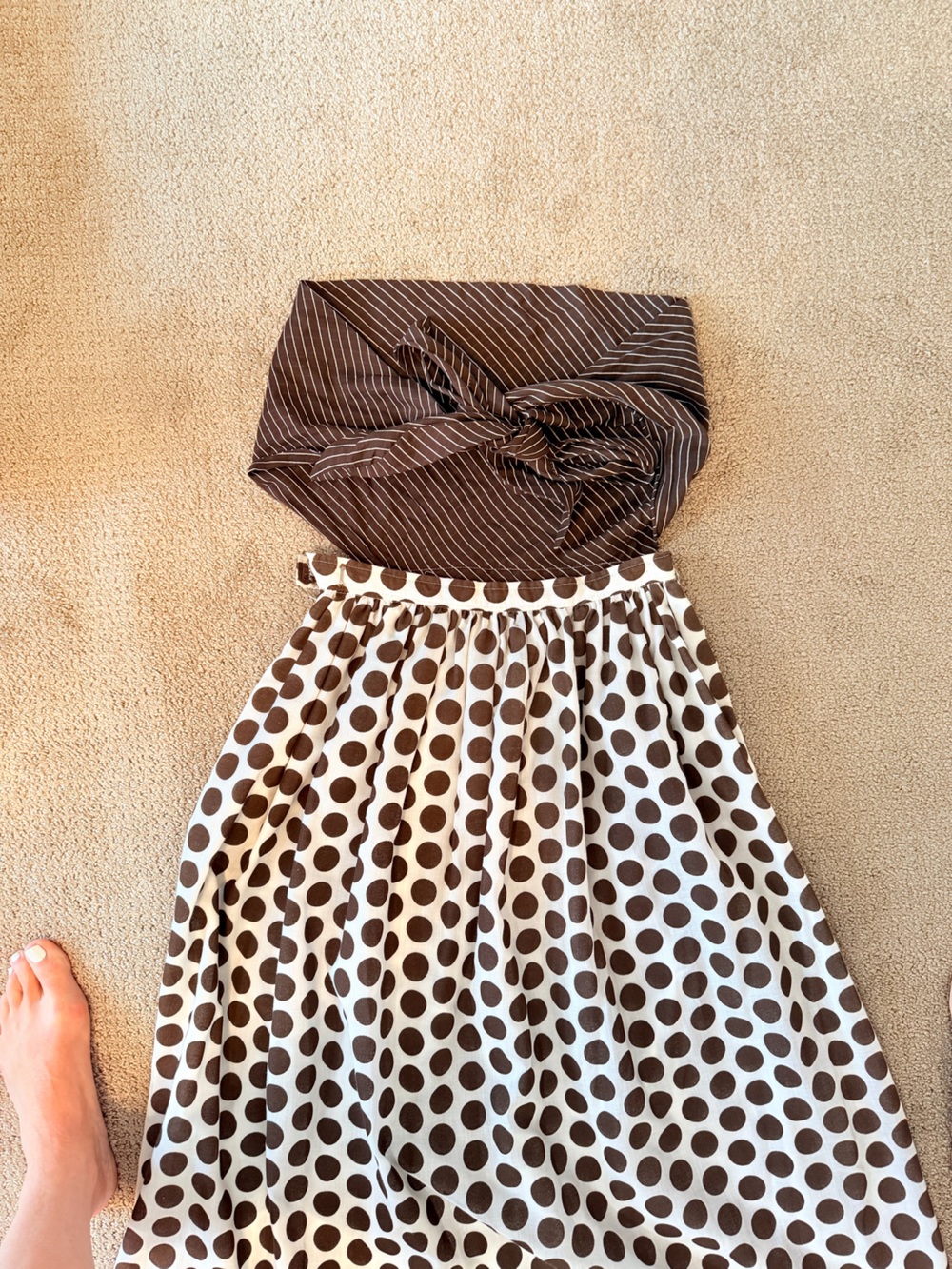 Vintage Two Way Brown Polka Dot Maxi Dress with Stripe Top or Belt - Picture 3 of 11